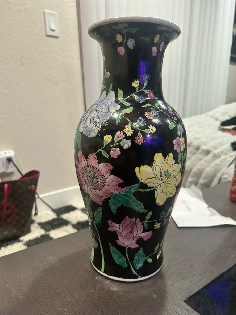 Black Floral Porcelain Vase with Pink and Yellow Blooms